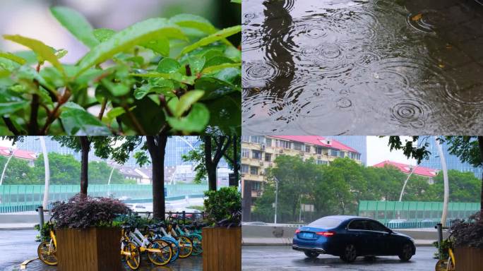 城市马路下雨天雨水雨滴大自然风景风光雨景