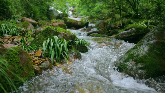 泉水从山上的岩石上流过