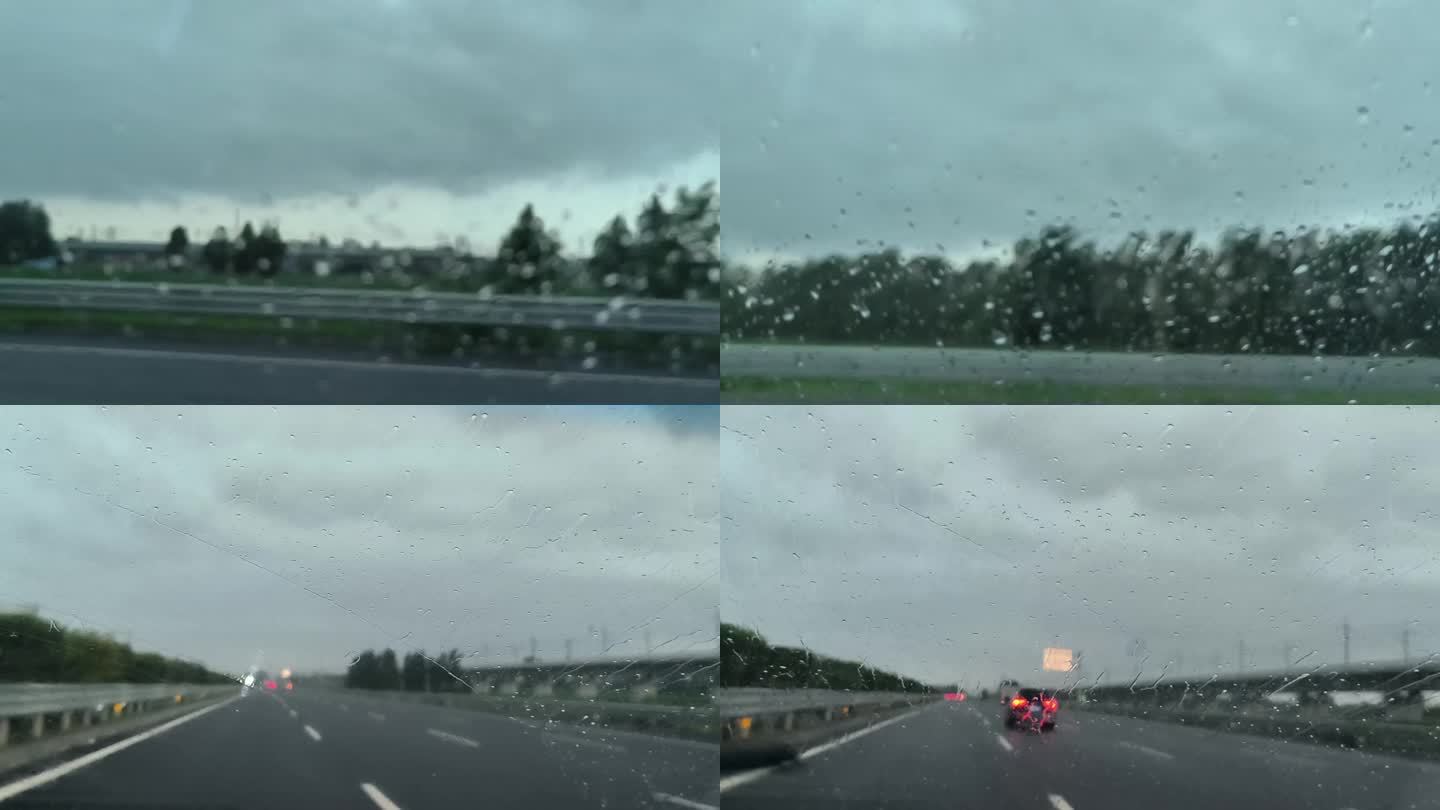 实拍下雨暴雨天车在高速路上行驶