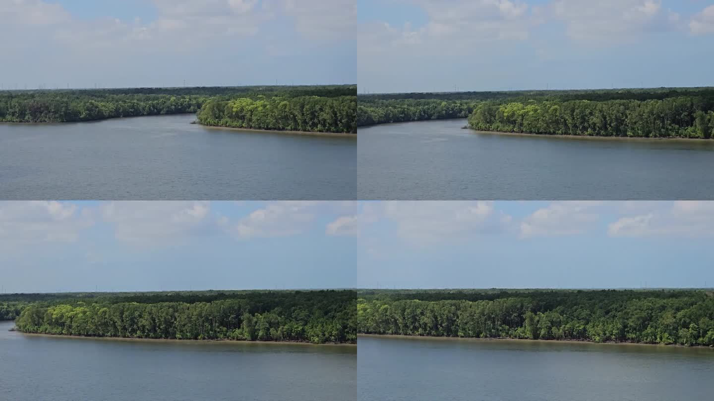 河流和红树林的鸟瞰图。蓝天白云的河流全景。马来西亚美丽的湖泊景观