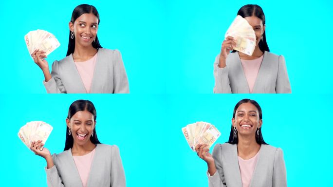 富有，肖像或兴奋的印度妇女与金钱成功的蓝色背景，在工作室带着微笑。富有，金融或快乐的女孩有现金利润，