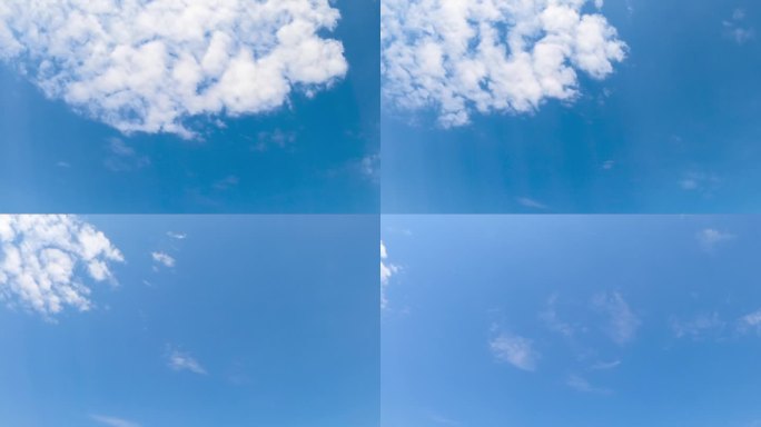 蔚蓝的夏日天空，淡白色的云景。美丽的蓝天放晴了。间隔拍摄。