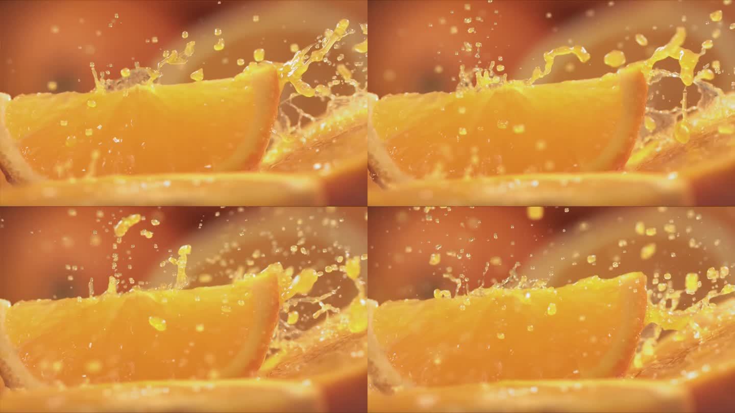 橙汁溅过橙片的慢动作镜头，帧数为1400fps。