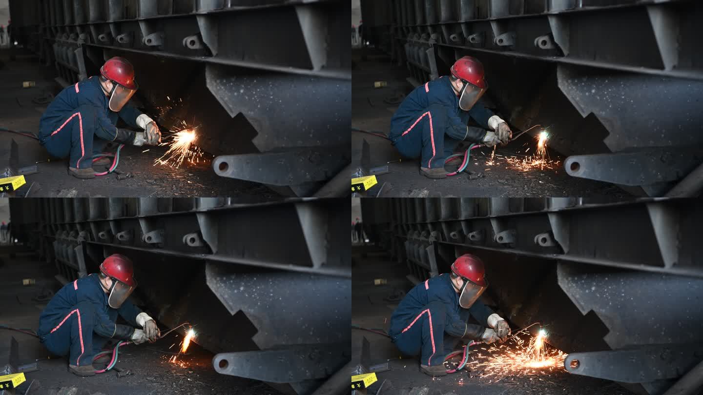 电焊电焊工人切割钢板火车货车车辆维修