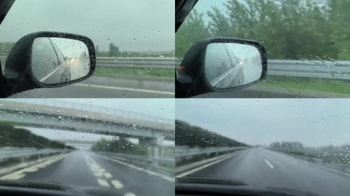 实拍下雨天高速路上车辆行驶倒车镜空境