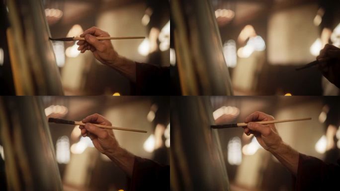 特写男画家用温柔的笔触手绘《蒙娜丽莎》。这幅名画的创作者正在绘制的细节。纯粹的天赋和对成熟艺术的精通
