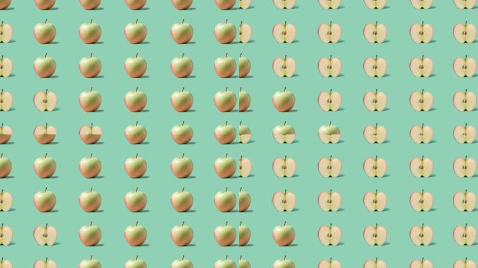 停止运动切割和整个苹果出现和消失在柔和的背景。