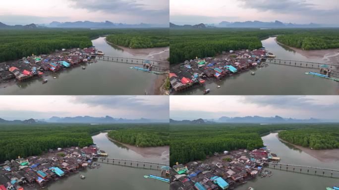 鸟瞰泰国攀牙省红树林日出日落场景，4K(UHD)，海景和红树林景观航拍