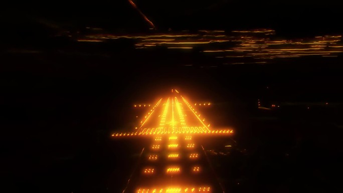从驾驶舱的角度看飞机降落在机场跑道上的动画。发光的金色边缘数字艺术