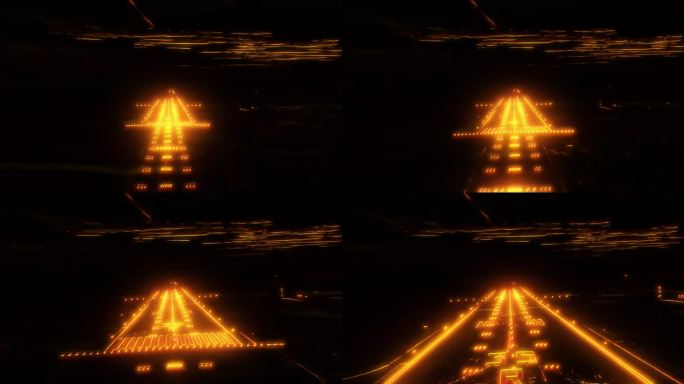 从驾驶舱的角度看飞机降落在机场跑道上的动画。发光的金色边缘数字艺术