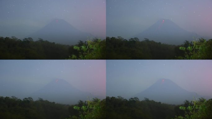 移动的星星和喷发的延时夜景默拉皮火山是一座活火山，从南侧看，火山口圆顶的外观是一个寒冷的熔岩雪崩的地