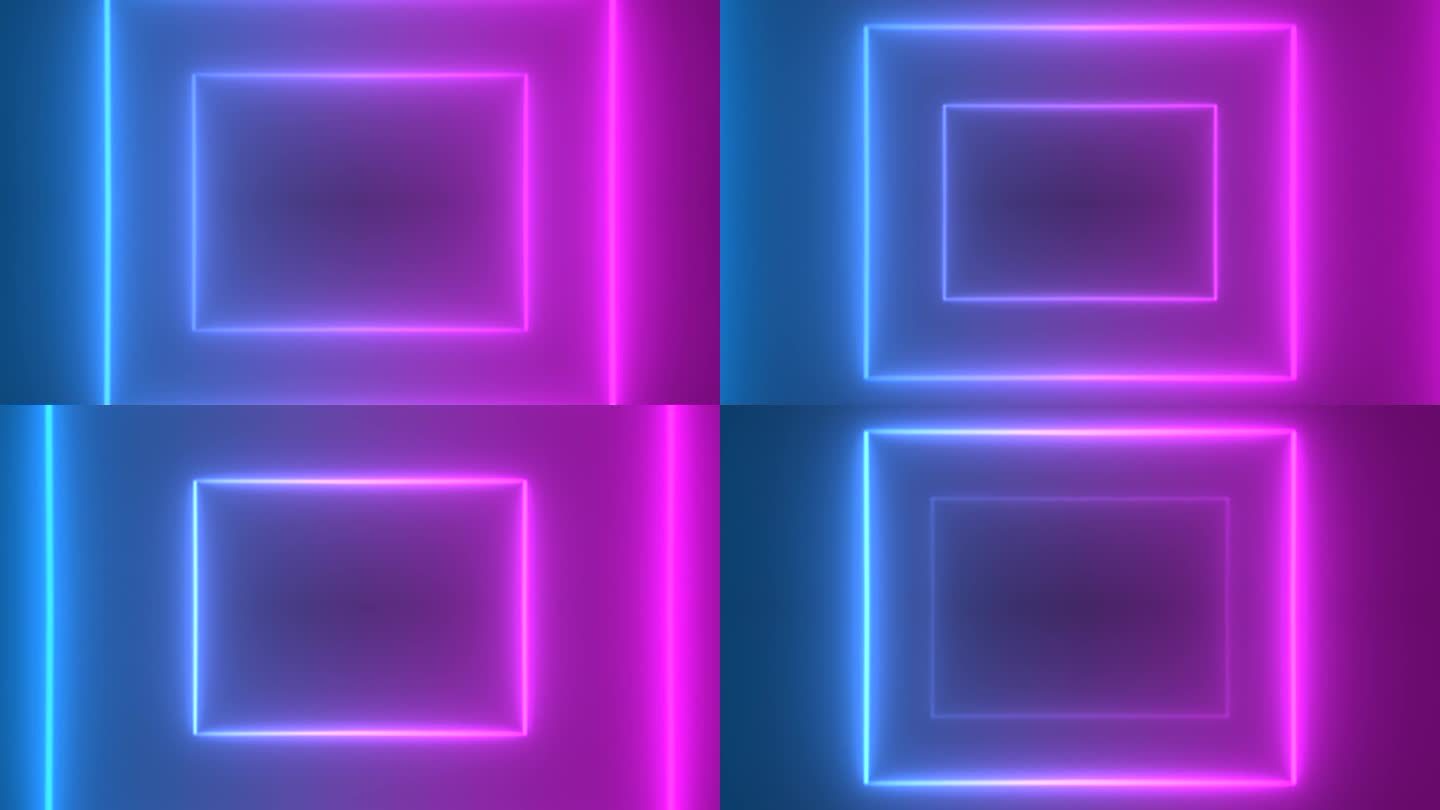 粉红色的蓝色方块缩放霓虹灯荧光棒讲台舞台抽象彩色背景与明亮的霓虹灯发光的光线和发光的线条背景。循环的