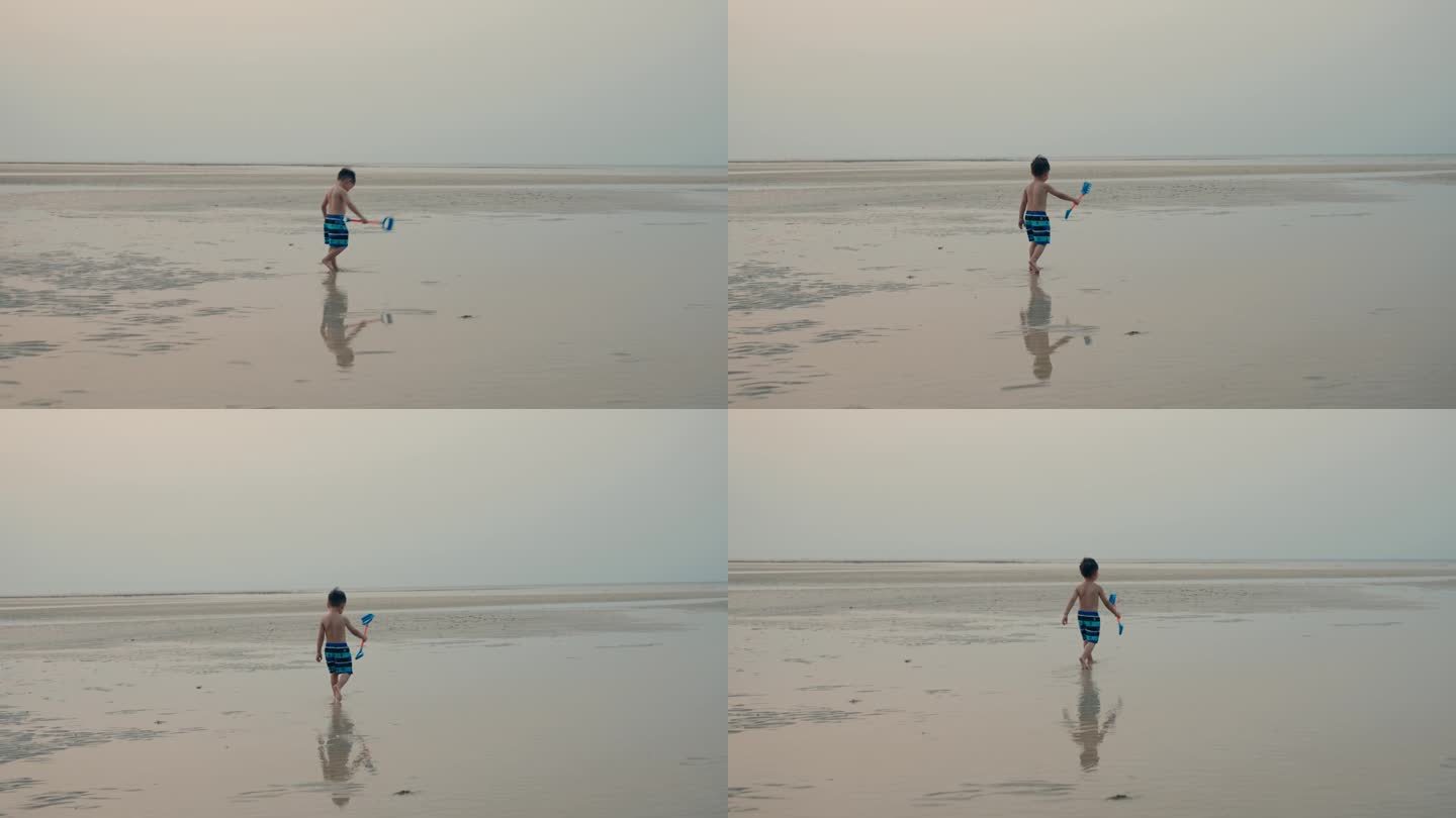 快乐的亚洲小男孩享受外出的一天，独自沿着海滩散步。环境。探索。学习。大自然。
