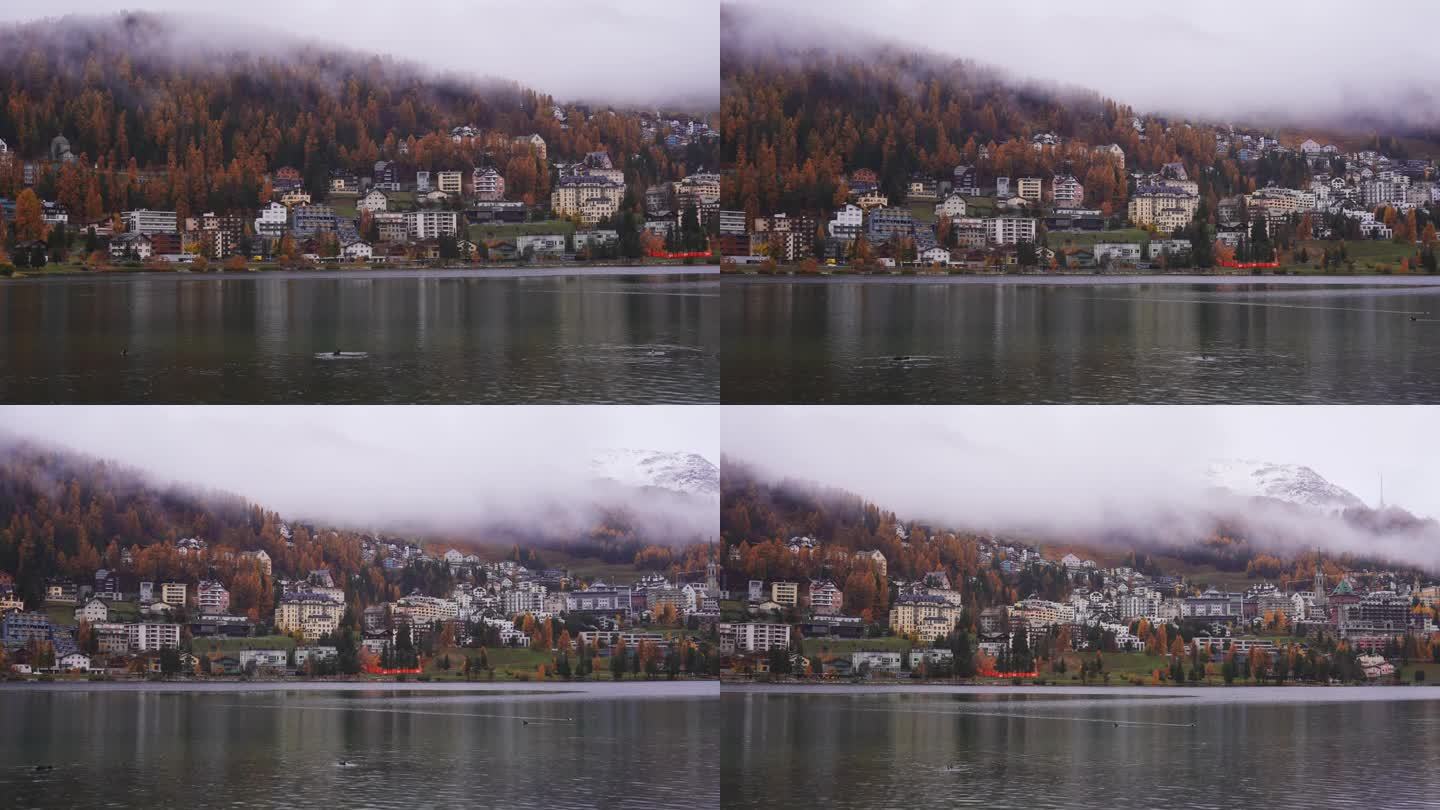 秋天圣莫里茨湖的平移镜头