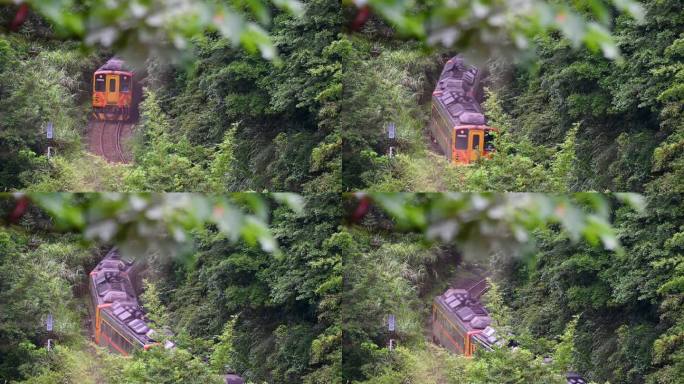 一列黄色的柴油火车行驶在山林之间。