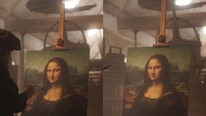 竖屏:天才达·芬奇绘画的历史时刻再现，在他的艺术工作室创作他的杰作《蒙娜丽莎》。把纯粹的天赋放在画布