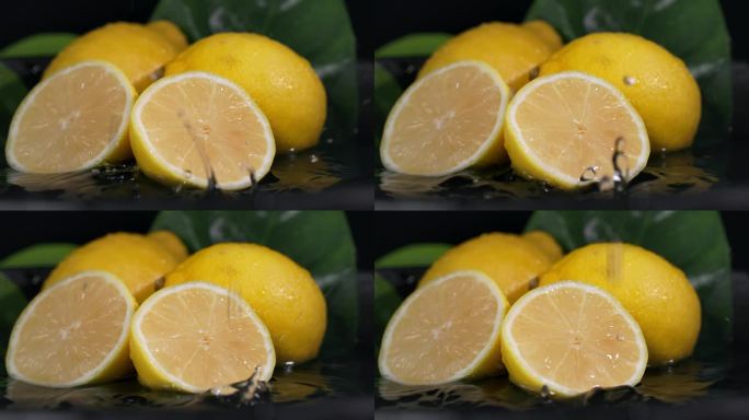 异国情调的水果，一片成熟的柑橘落在柠檬浆上，盘子里的糖在深色背景上，特写