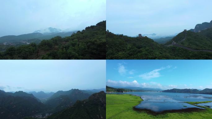 4k航拍烟雨长城湖泊环秀湖