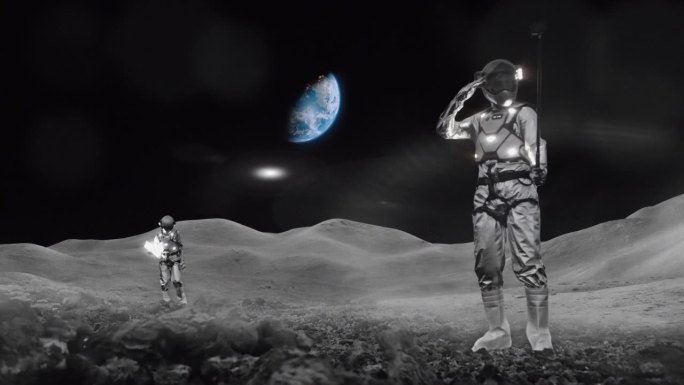 宇航员独自在月球上。在UFO绑架期间，与另一名宇航员和遥远的地球在天空中自拍