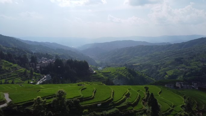 航拍贵州堂安侗寨侗族村落梯田大气景色