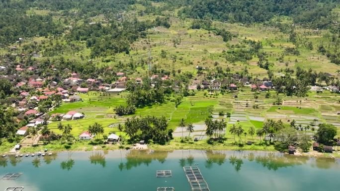 农田和一座山湖。印度尼西亚苏门答腊。