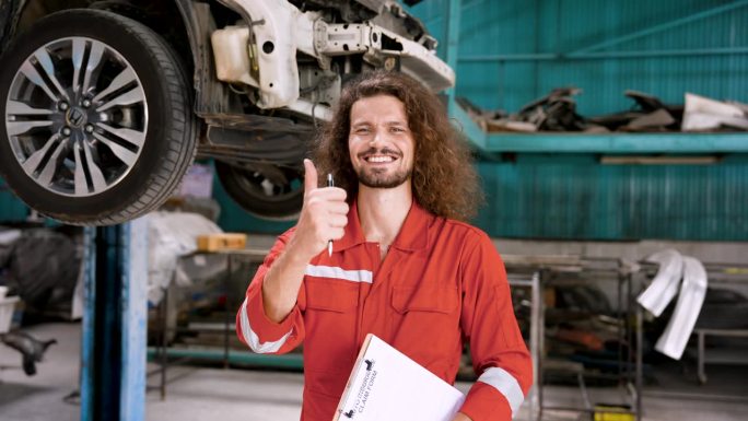穿着技工服的白人男子站在车库里，竖起大拇指，表示有信心为客户修车，以达到车库的质量标准。使顾客满意