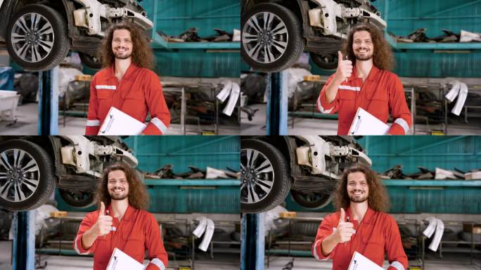穿着技工服的白人男子站在车库里，竖起大拇指，表示有信心为客户修车，以达到车库的质量标准。使顾客满意