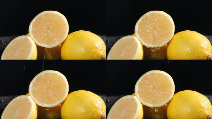 柑橘，水倒在熟透多汁柠檬的果肉上，深色背景，特写