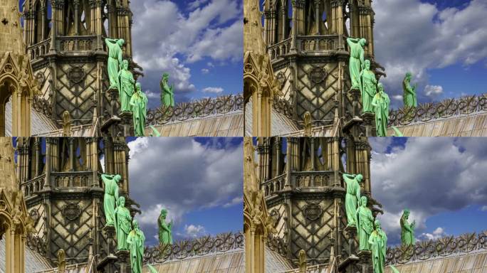 巴黎圣母院映衬着移动的云朵(4K，延时拍摄，变焦)，法国