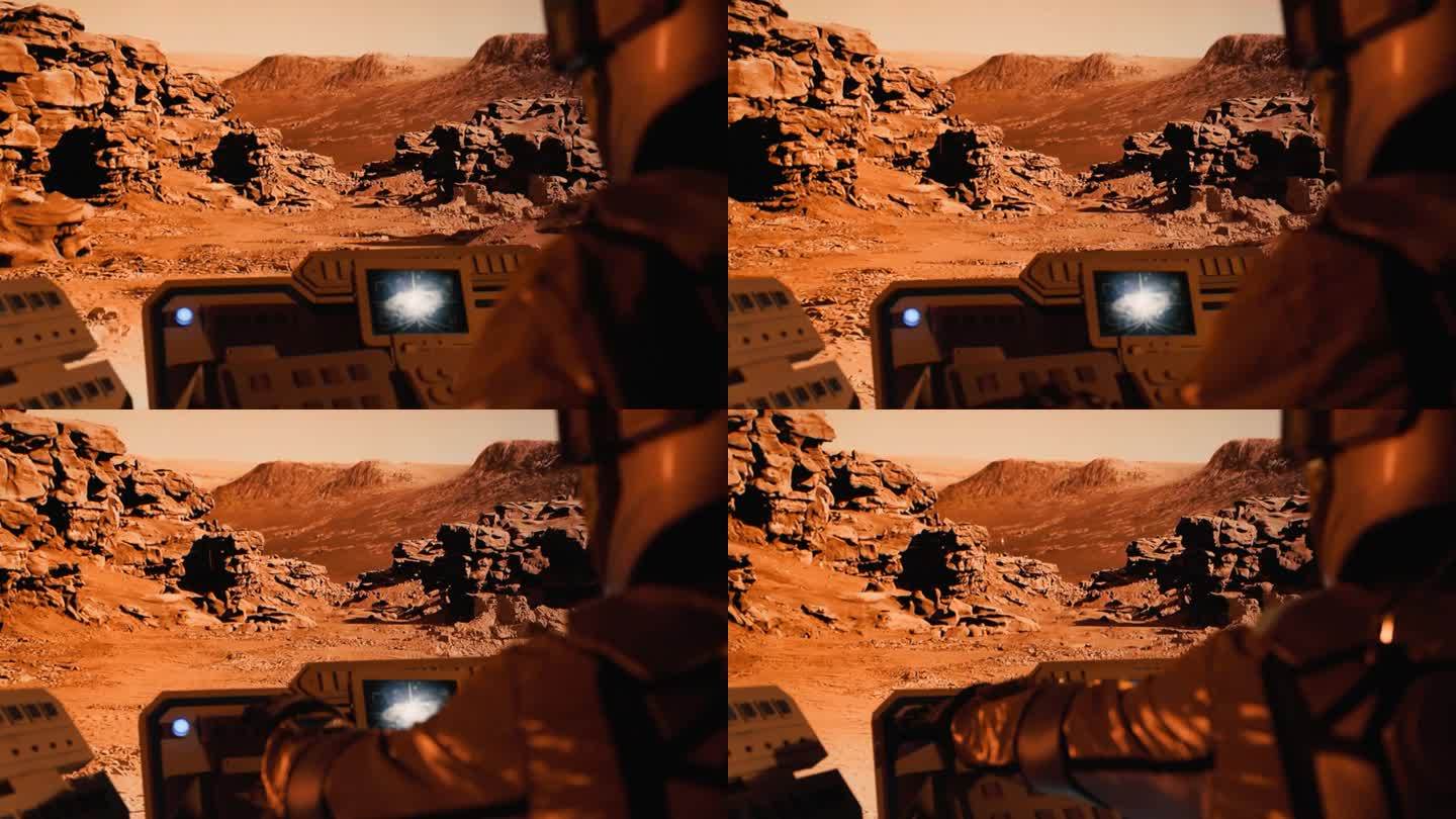 红色星球火星表面探测。宇航员驾驶火星探测器