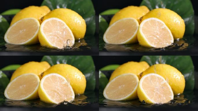 一片成熟的柠檬落在深色背景上的柑橘果肉上，水果浇上水，特写