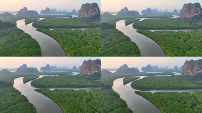 泰国攀牙省红树林日出鸟瞰图，4K(UHD)，海和红树林景观鸟瞰图