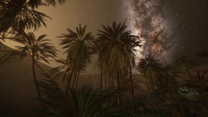 夜景与剪影小屋和椰子树与银河在天空