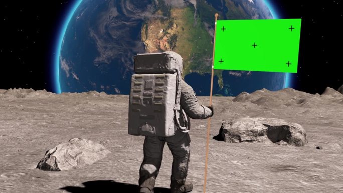 月球宇航员手持绿幕旗在月球上行走，在月球表面放置旗杆，并敬礼。你可以跟踪和添加你的旗帜与你的标志。