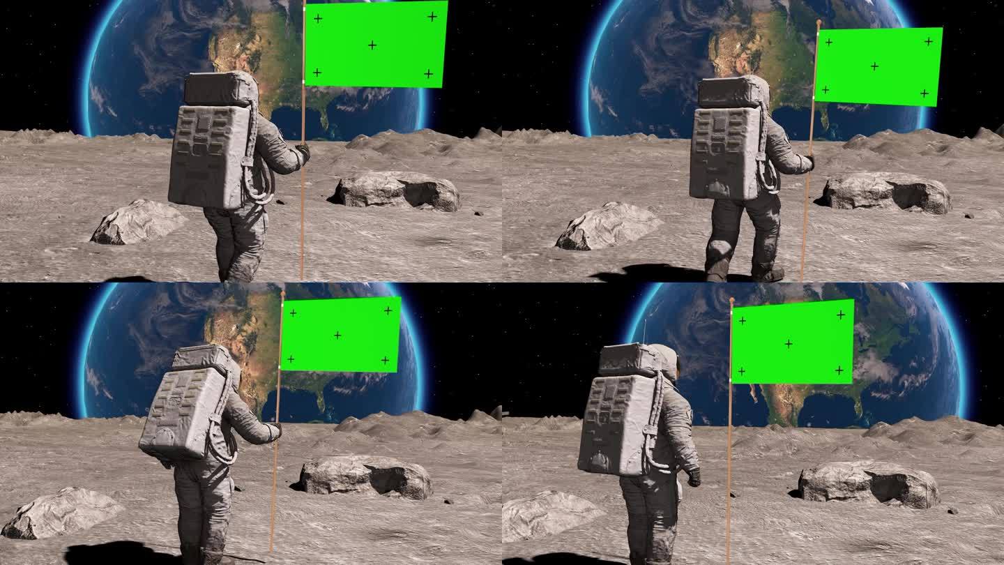 月球宇航员手持绿幕旗在月球上行走，在月球表面放置旗杆，并敬礼。你可以跟踪和添加你的旗帜与你的标志。