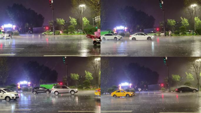 夜晚狂风暴雨城市行人