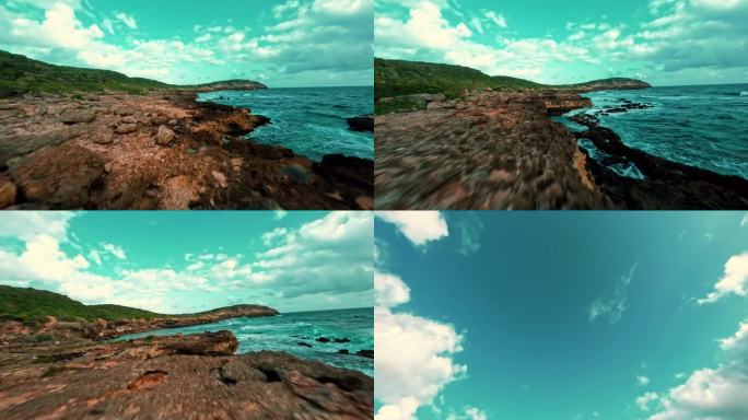 FPV无人机航拍海浪海岛沙滩海滩海鸟蓝天