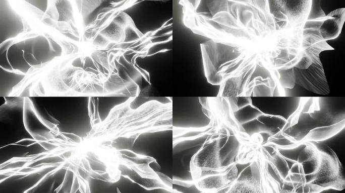 白色面纱飘动或能量与等离子体突出抽象脉冲3d渲染。Vj循环Dj迪斯科舞蹈夜总会。蝴蝶的翅膀