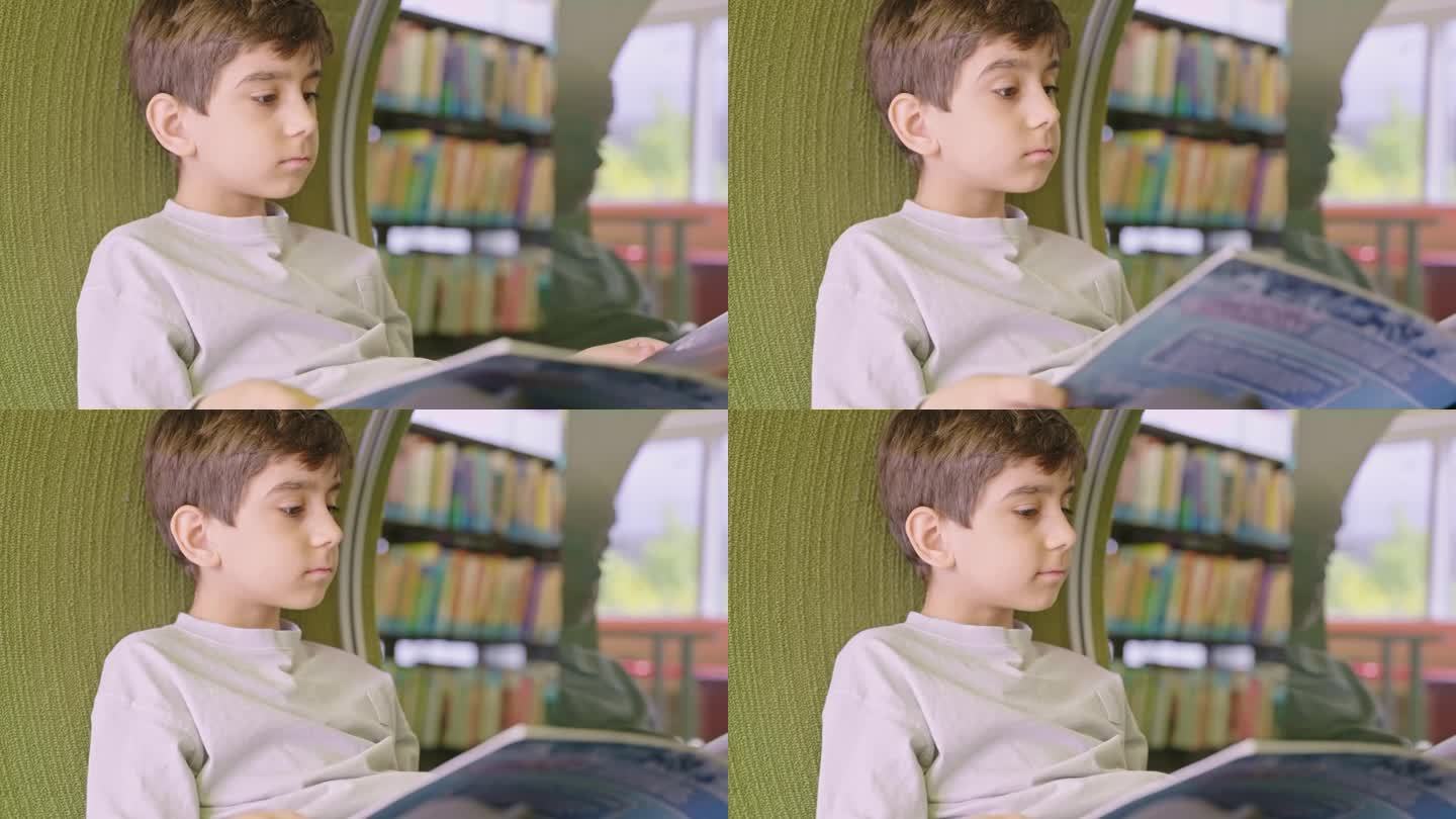 可爱的小男孩在图书馆看书