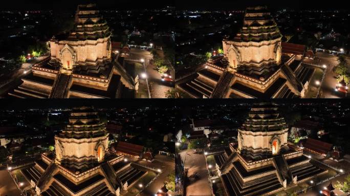 原创 泰国清迈古城大佛塔寺夜景航拍风光