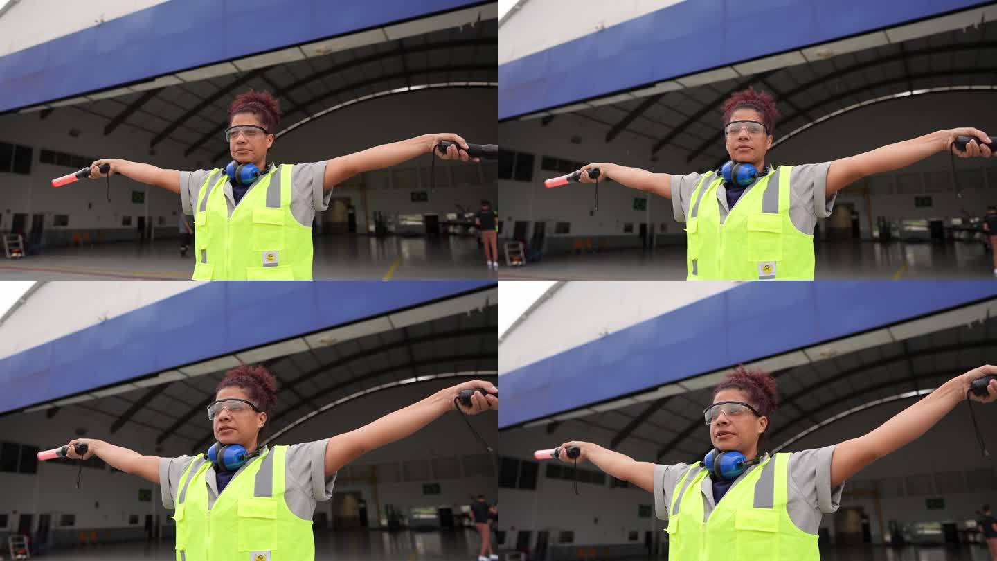 一名女子在机场用指挥棒给飞行员打信号