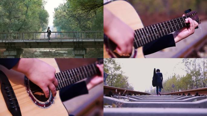 寻找音乐的女孩 桥 铁路 吉他 孤独背影