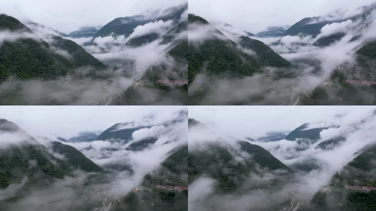 山川在云雾中的延时航拍