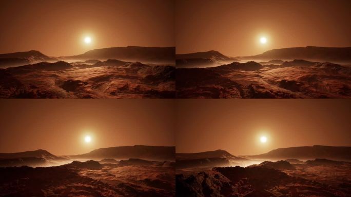火星沙漠的红色星球表面日落时的侧面鸟瞰图
