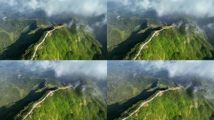 鸟瞰山坡上的道路，山的最高点在完全被森林覆盖的山脉中是美丽的，克卢德火山和蓝色的火山口，克卢德火山，