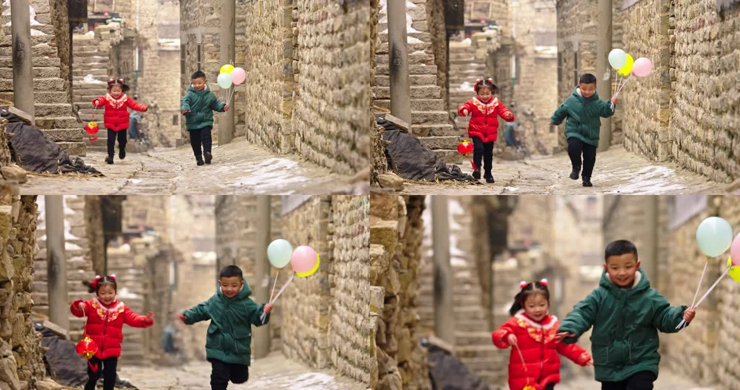 手拿气球和灯笼奔跑的儿童
