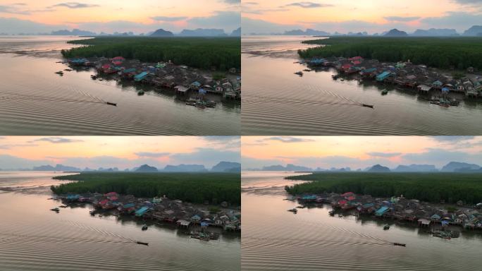 鸟瞰泰国攀牙省红树林日出日落场景，4K(UHD)，海景和红树林景观航拍