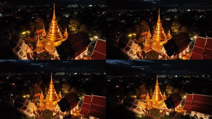 原创 泰国清迈古城帕辛寺寺庙夜景航拍风光