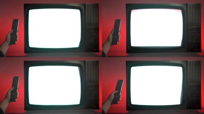 有人用遥控器换频道，红色背景的老式复古电视，坏电视显示屏上的横条纹闪烁，卫星信号不好，传输中断