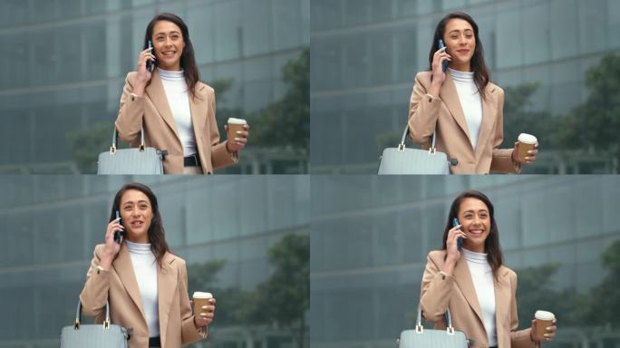 生意，电话，一个女人在城市里走着，在通勤途中喝着咖啡。快乐，社交和女性在智能手机聊天时笑，自信和专业